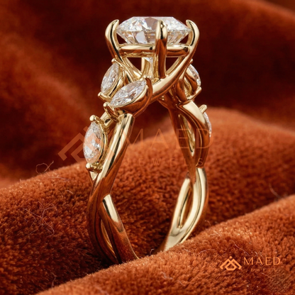 Nature Inspired Round Cut Moissanite Engagement Ring, Marquise Diamond Vine Leaf Wedding Ring in Silver, 14K Gold & Rose Gold