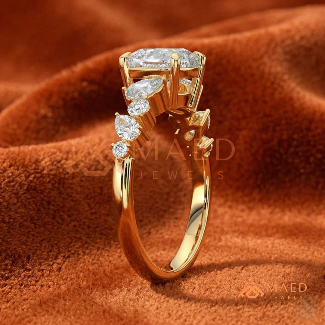 Cushion Cut Engagement Ring with Pear Accent Band in Silver, 14K Gold, & 14K Rose Gold