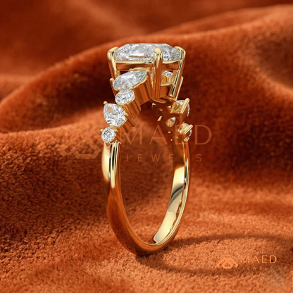 Cushion Cut Engagement Ring with Pear Accent Band in Silver, 14K Gold, & 14K Rose Gold
