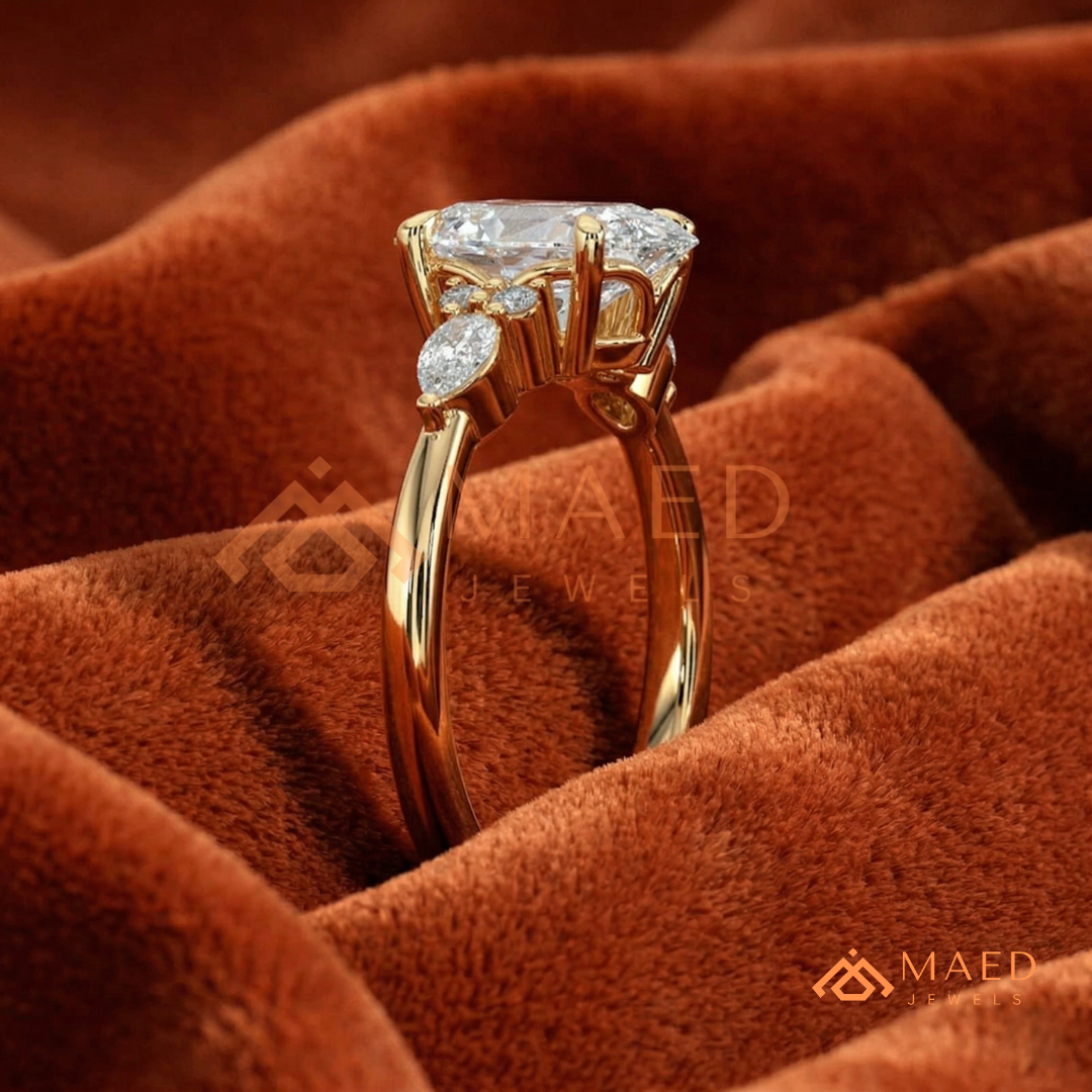Oval Cut Engagement Ring with Pear and Round Cluster Band in Silver, 14K Gold, & 14K Rose Gold