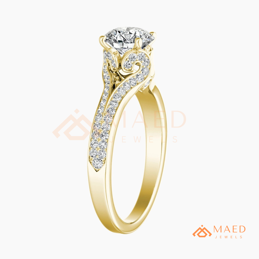 Round Brilliant Cut Split Shank Cathedral Engagement Ring in 14K Gold, Rose Gold & Silver | Vintage-Inspired Pave Accent Ring for Women