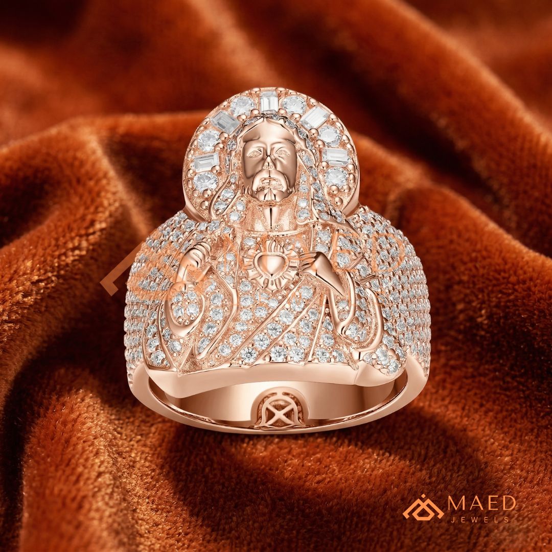 Men's Heavy Pave Crystal Jesus Portrait Ring in 925 Sterling Silver & 14K Gold Finish