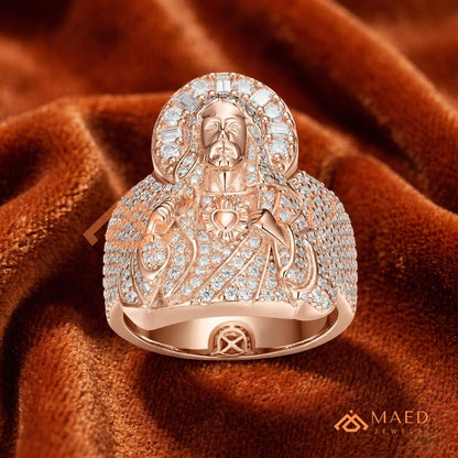 Men's Heavy Pave Crystal Jesus Portrait Ring in 925 Sterling Silver & 14K Gold Finish