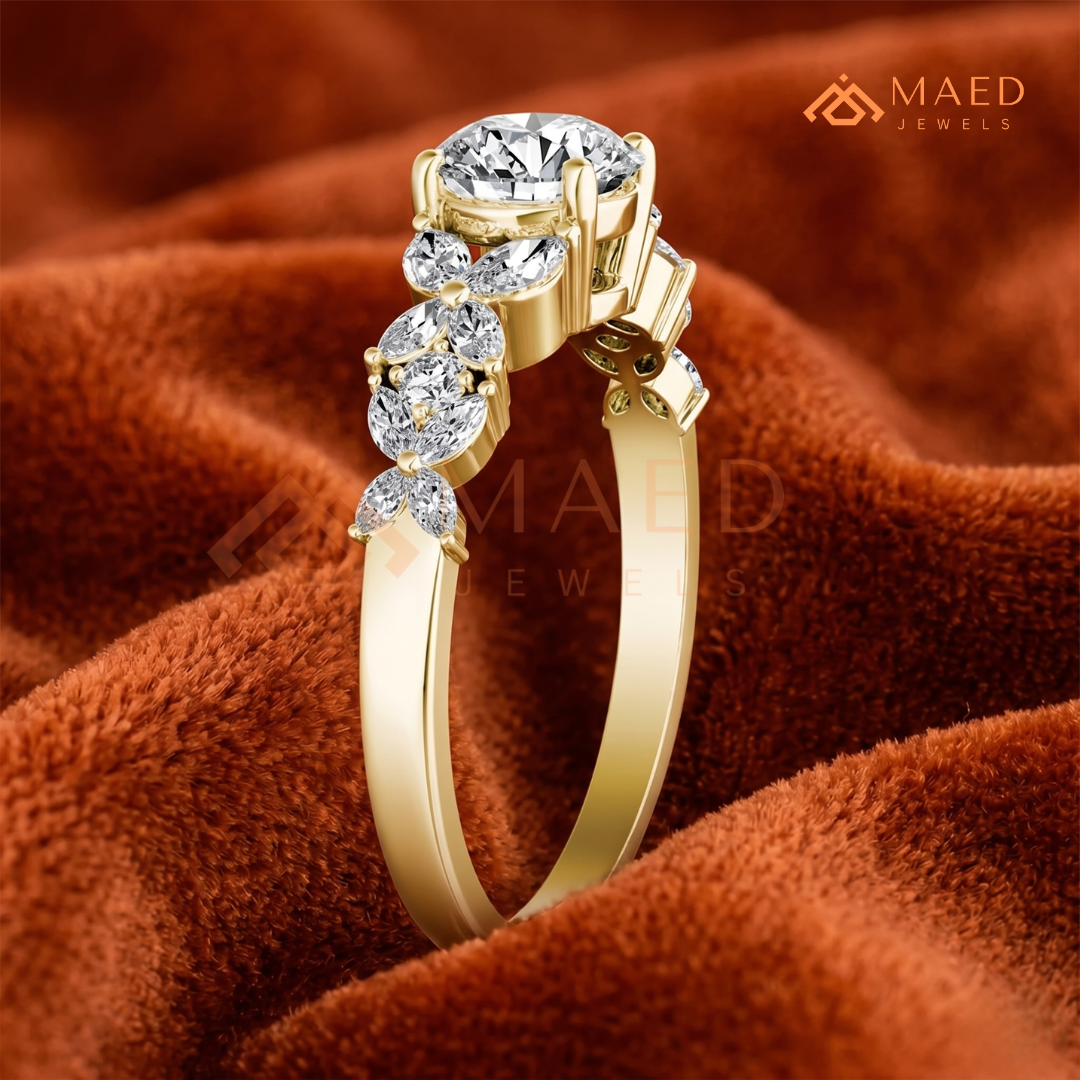 Botanical Marquise Cluster Engagement Ring with Round Center Stone