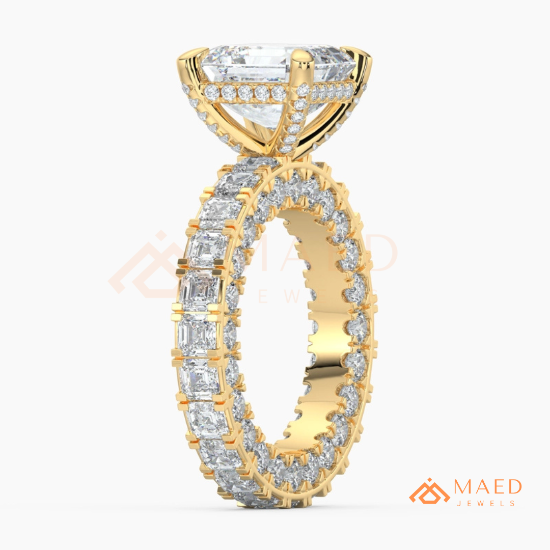 Classic Asscher Cut Solitaire Engagement Ring with Eternity Band Shank in Silver, 14K Gold & Rose Gold