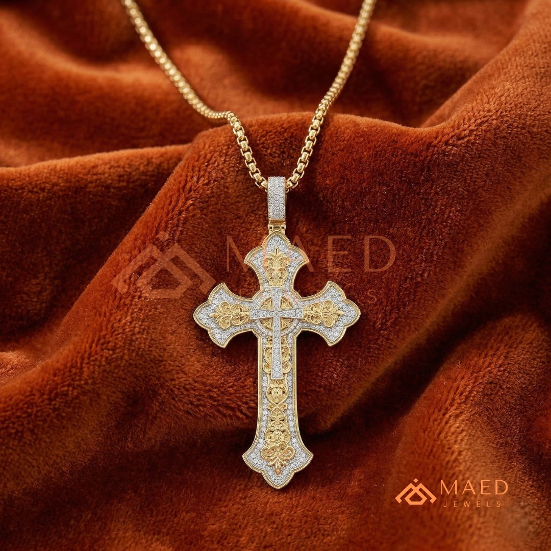 Royal Baroque Diamond Cross Statement Pendant | Silver, 14K Yellow & Rose Gold