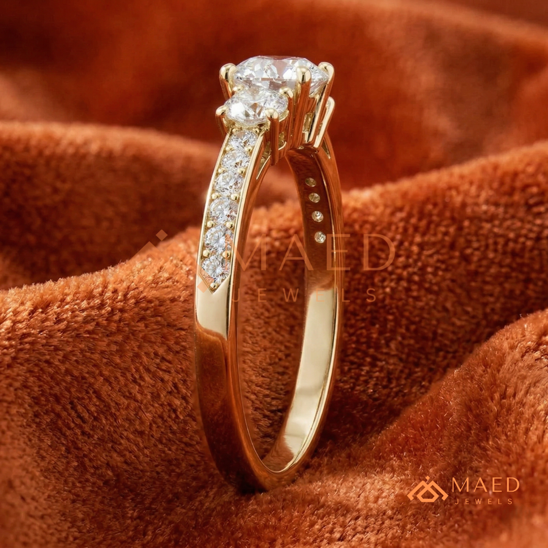 Round Cut 3-Stone Engagement Ring in 14K Gold, Rose Gold & Silver | Classic Three Stone Pave Moissanite Ring for Women