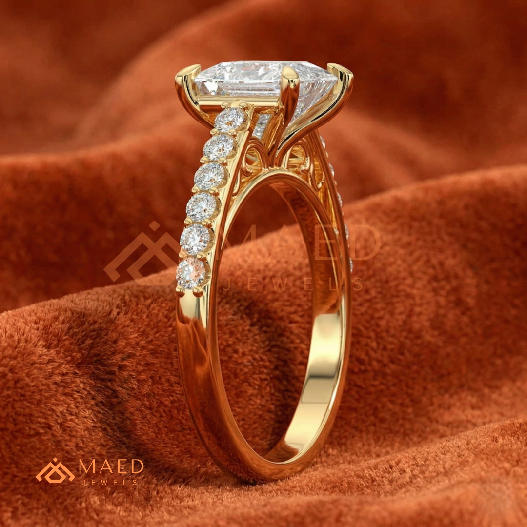 Princess Cut Engagement Ring with Pavé Band | 14k Gold, Rose Gold & Silver