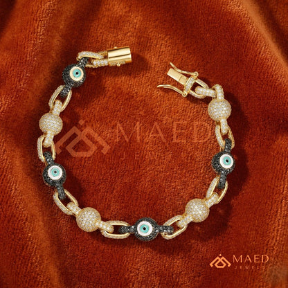 Luxury Diamond & Black Spinel Evil Eye Link Chain Bracelet