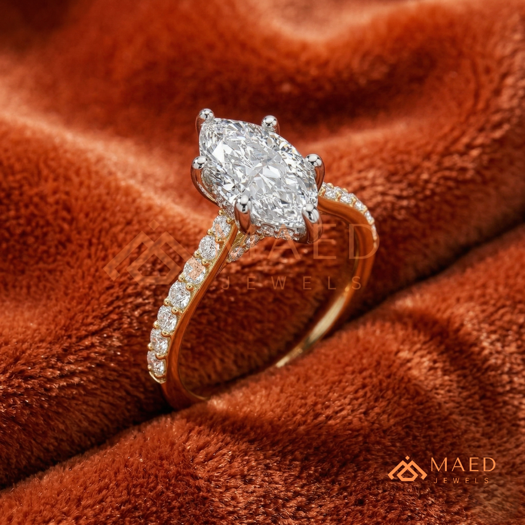 Vintage Marquise Cut Pavé Engagement Ring in Gold, Rose Gold  & Silver