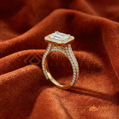 Art Deco Emerald Cut [Gemstone Type] Bezel Halo Ring in 14K Yellow Gold, Rose Gold & Silver