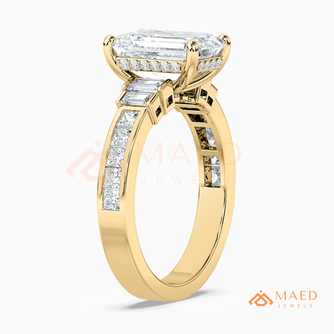 Emerald Cut Three-Stone Ring with Baguette and Channel Princess Band in Silver, 14K Gold, & 14K Rose Gold