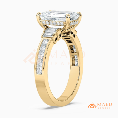 Emerald Cut Three-Stone Ring with Baguette and Channel Princess Band in Silver, 14K Gold, & 14K Rose Gold