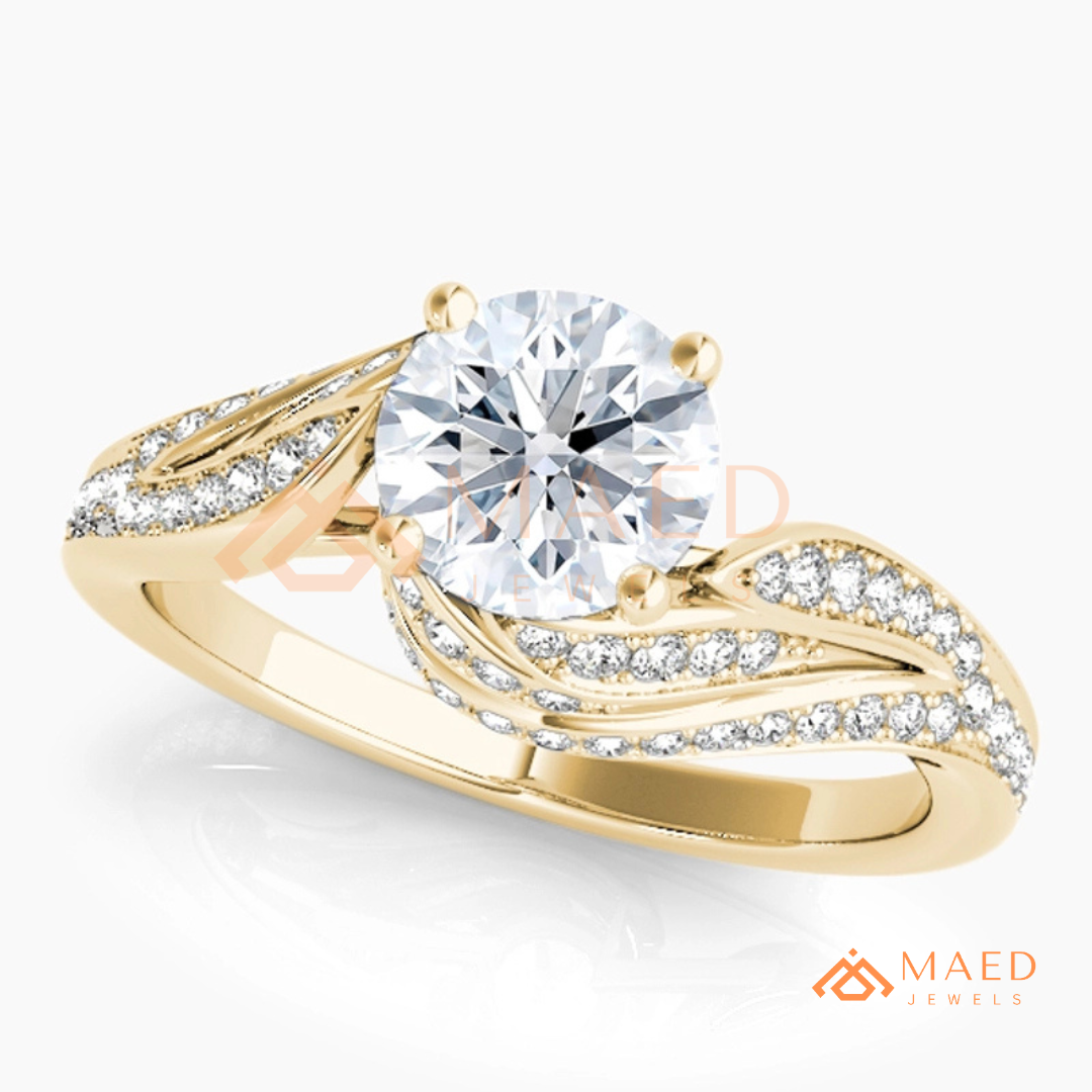 Vintage Bypass Round Cut Engagement Ring with Swirl Pavé Band