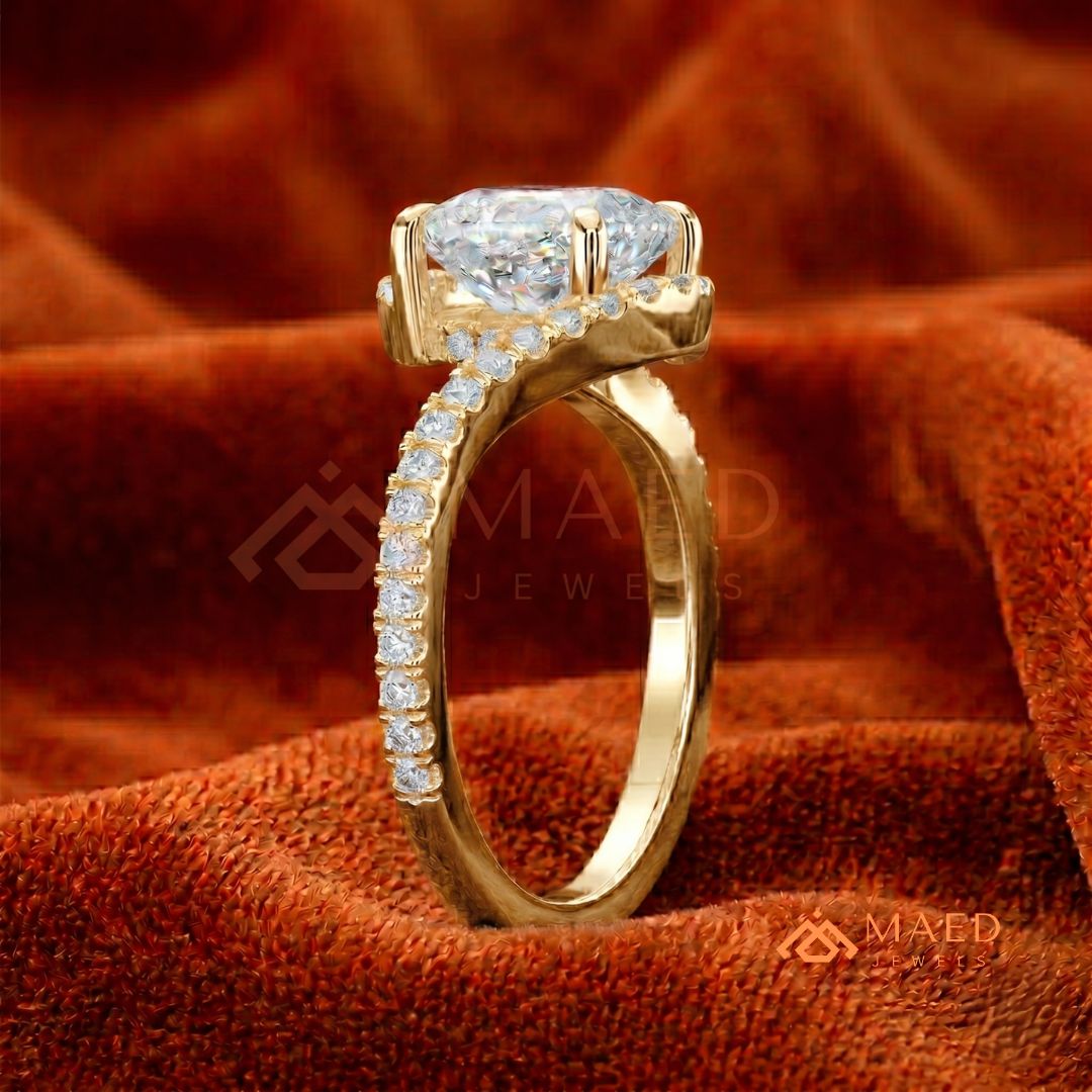 Cushion Cut Moissanite Bypass Halo Engagement Ring in Sterling Silver, 14K White Gold & Rose Gold | Criss Cross Diamond Simulant Wedding Ring