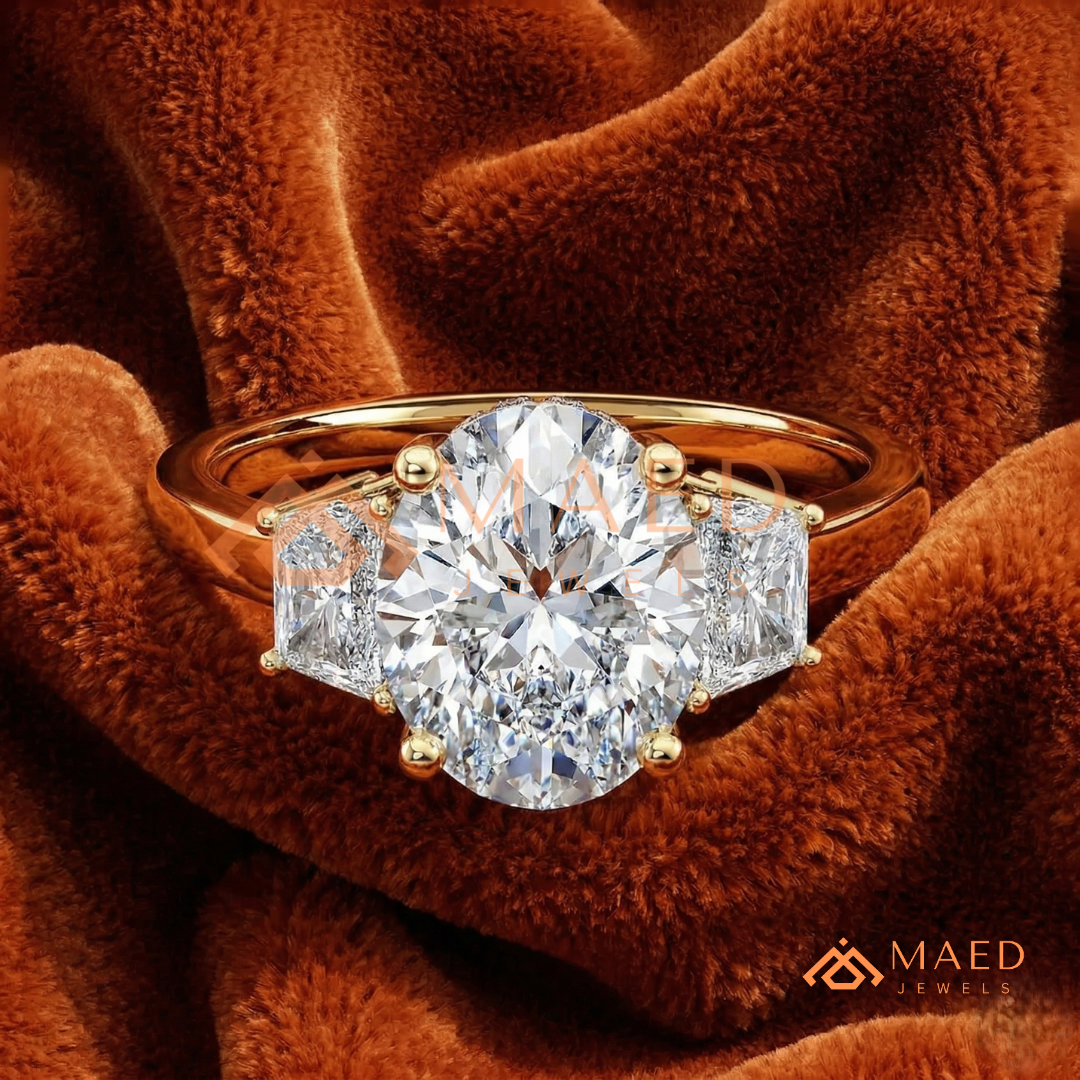 Classic Oval Cut 3-Stone Engagement Ring with Trapezoid Side Gems