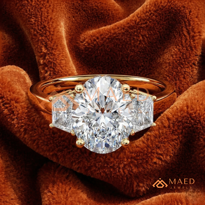 Classic Oval Cut 3-Stone Engagement Ring with Trapezoid Side Gems