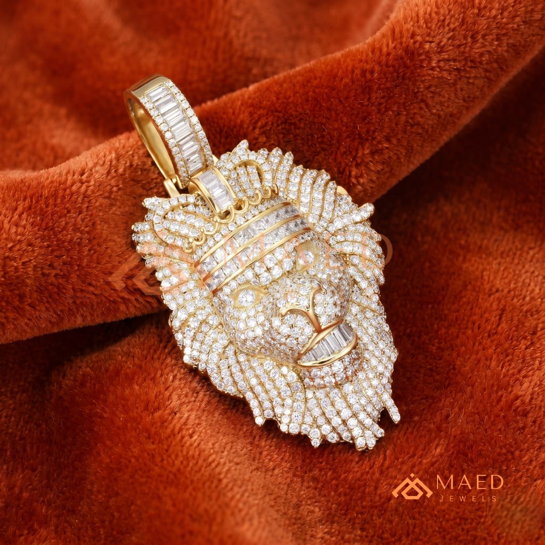Iced Out King Lion Head Pendant – 14K Gold, Rose Gold & Silver Baguette Crown Hip Hop Charm