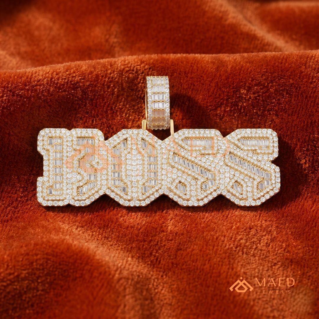 Custom Iced Out "BOSS" Letter Pendant Necklace in 14K Gold, Rose Gold & Sterling Silver