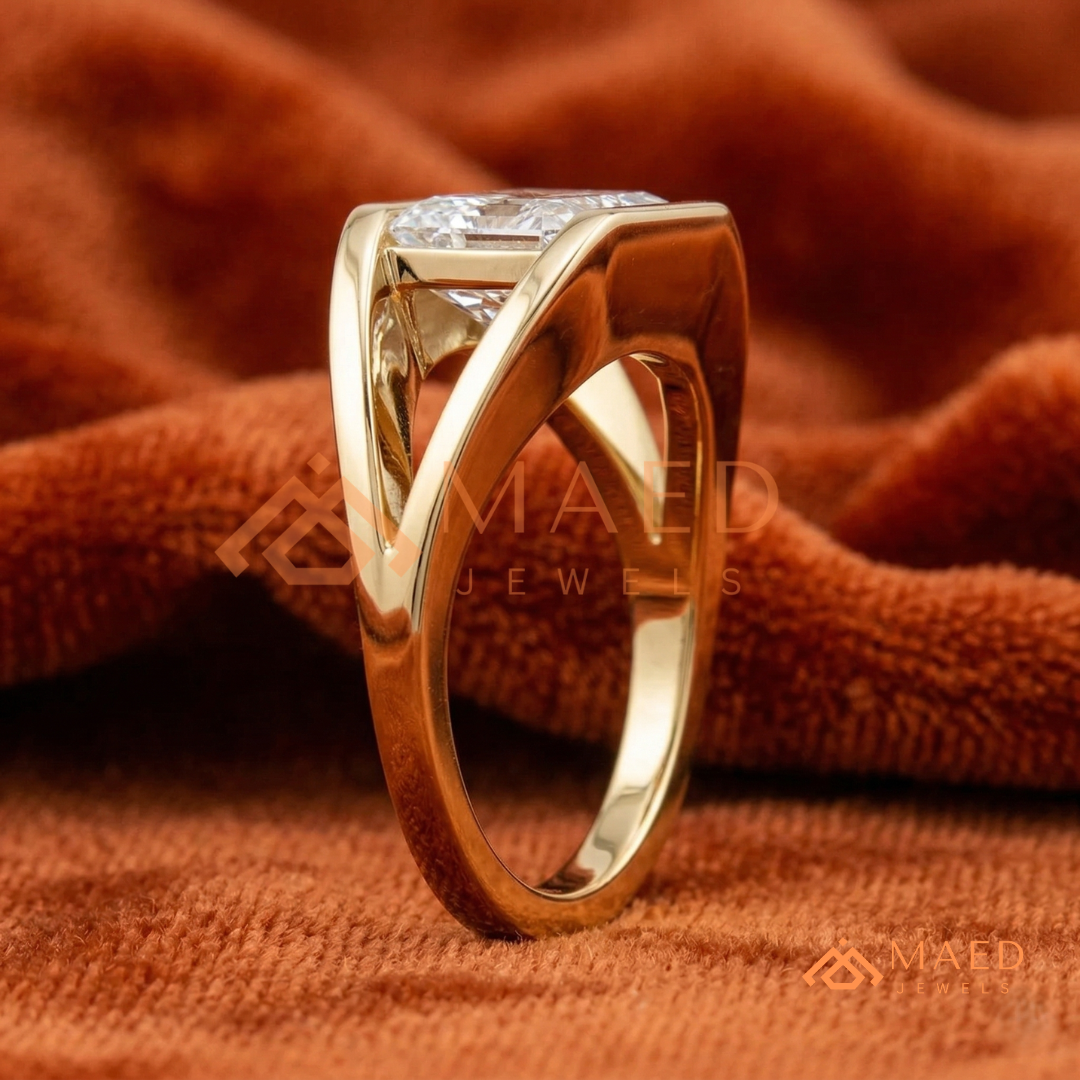 East West Emerald Cut Engagement Ring | Modern Architectural Bezel Ring | 14K Gold, Rose Gold & Sterling Silver