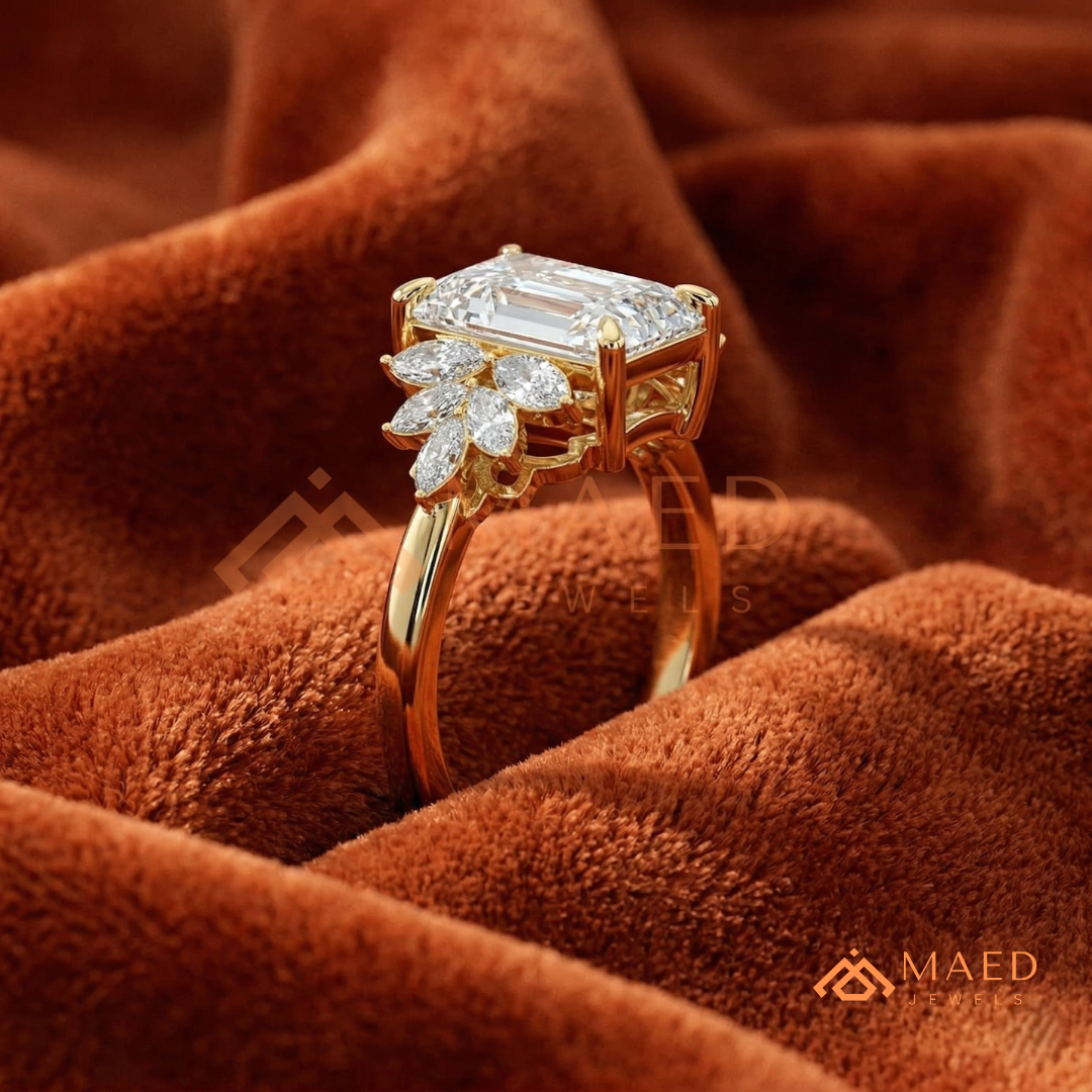 Radiant Cut Engagement Ring with Marquise Diamond Lotus Cluster in 14K Gold, Rose Gold & Silver