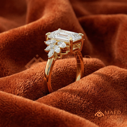 Radiant Cut Engagement Ring with Marquise Diamond Lotus Cluster in 14K Gold, Rose Gold & Silver