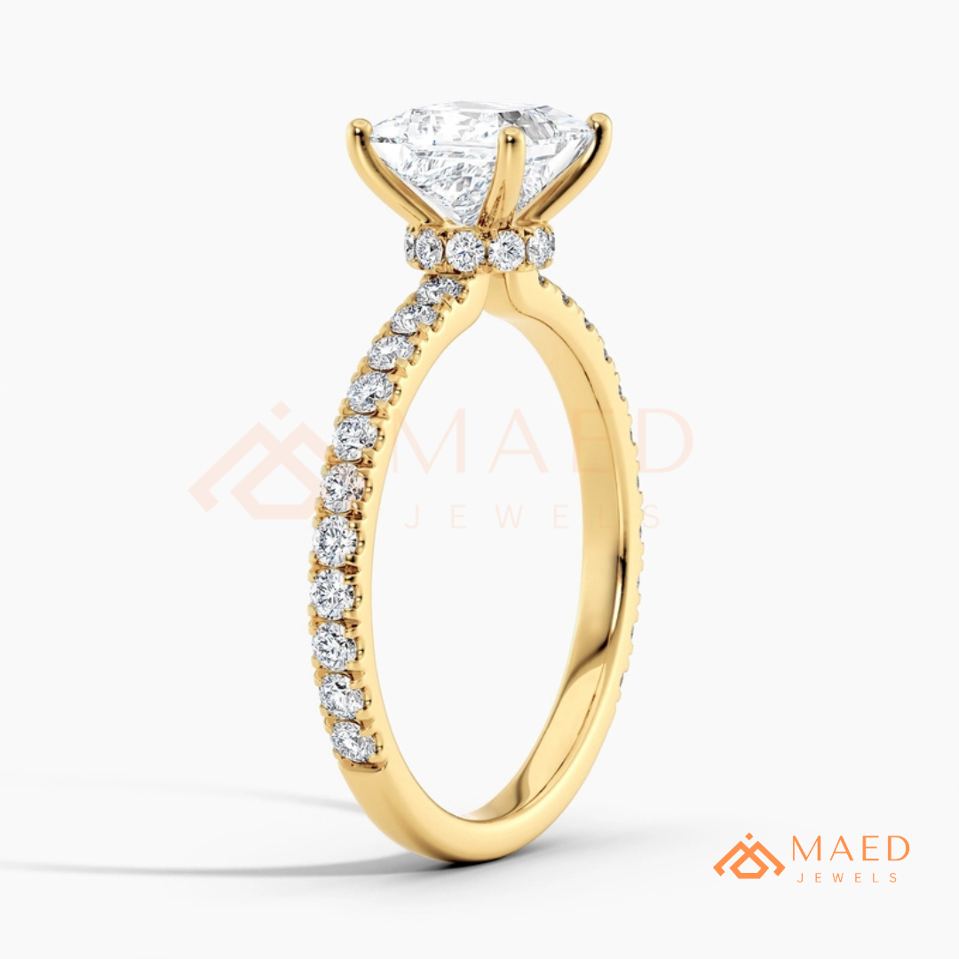Princess Cut Engagement Ring with Pavé Band in Silver, 14K Gold, & 14K Rose Gold