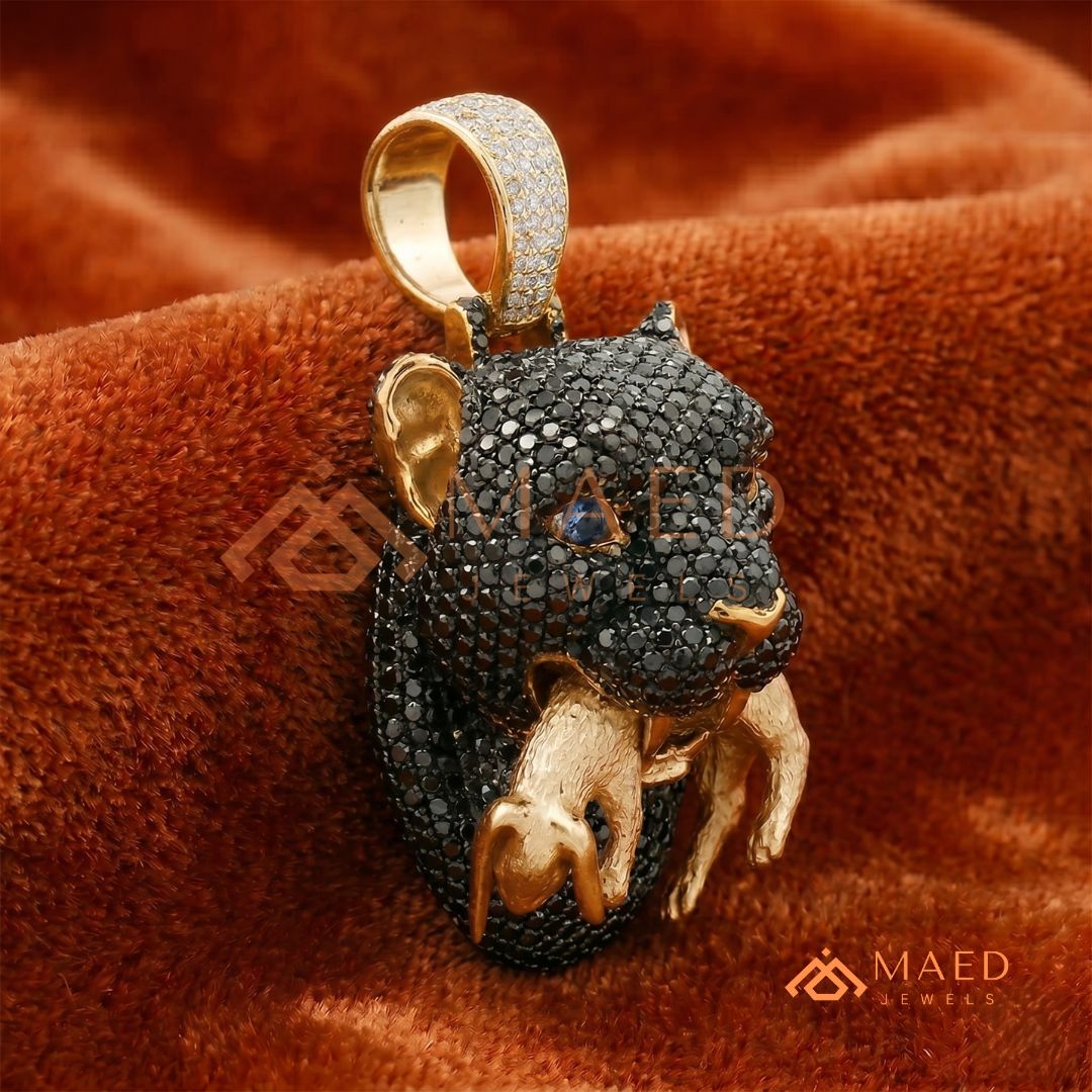 Black Diamond Panther Head Pendant in Sterling Silver, 14K Gold & Rose Gold