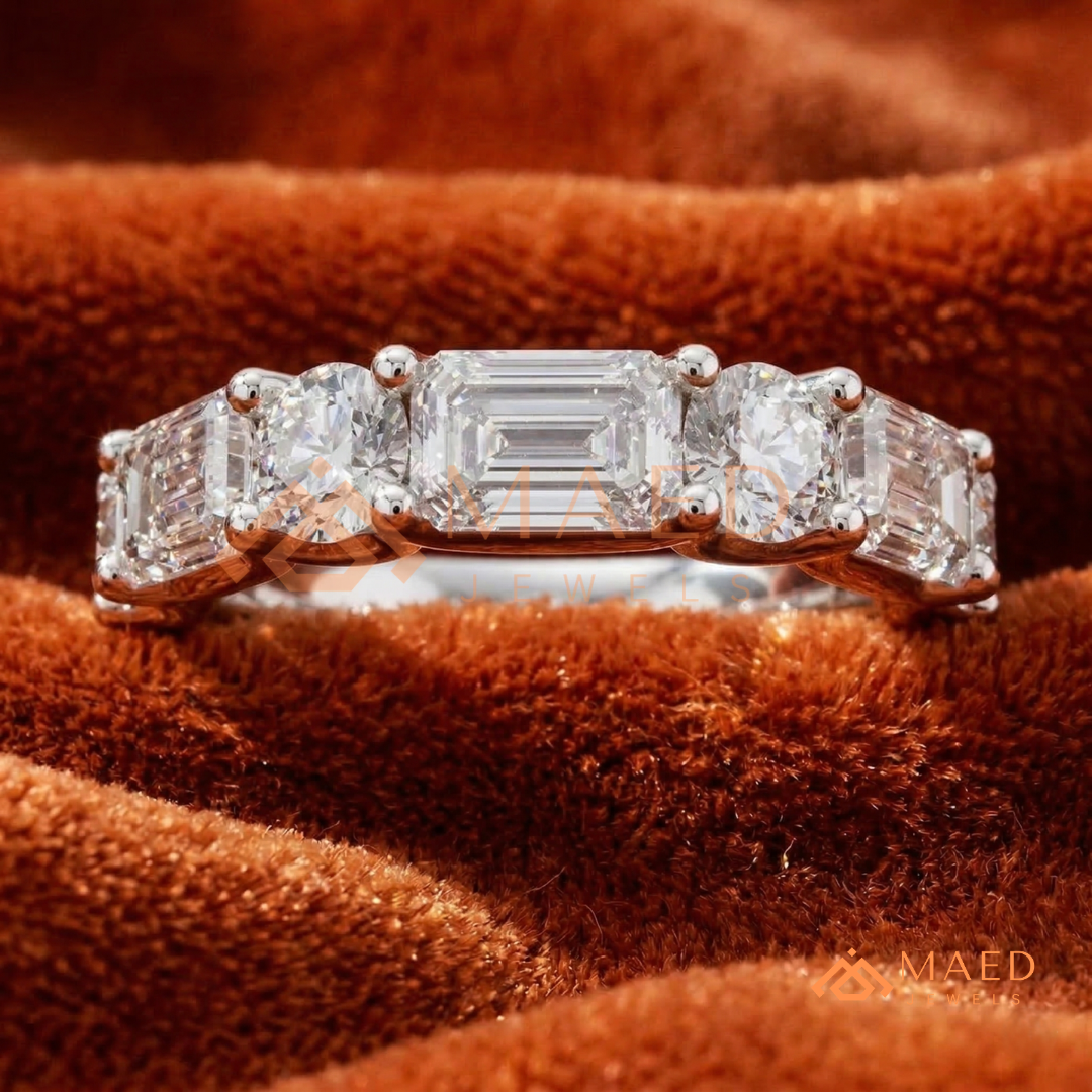 5-Stone Mixed Cut Diamond Wedding Band | Emerald & Round Moissanite Anniversary Ring in Silver, 14K Gold, & Rose Gold