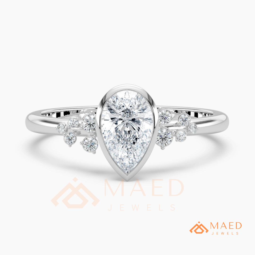 Pear Cut Bezel Set Engagement Ring with Cluster Accent Diamonds in 14K Gold, Rose Gold & Silver