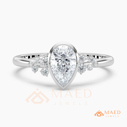 Pear Cut Bezel Set Engagement Ring with Cluster Accent Diamonds in 14K Gold, Rose Gold & Silver