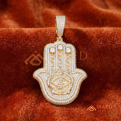 Iced Out Hamsa & Evil Eye Protective Pendant – Symbolic Statement Medallion