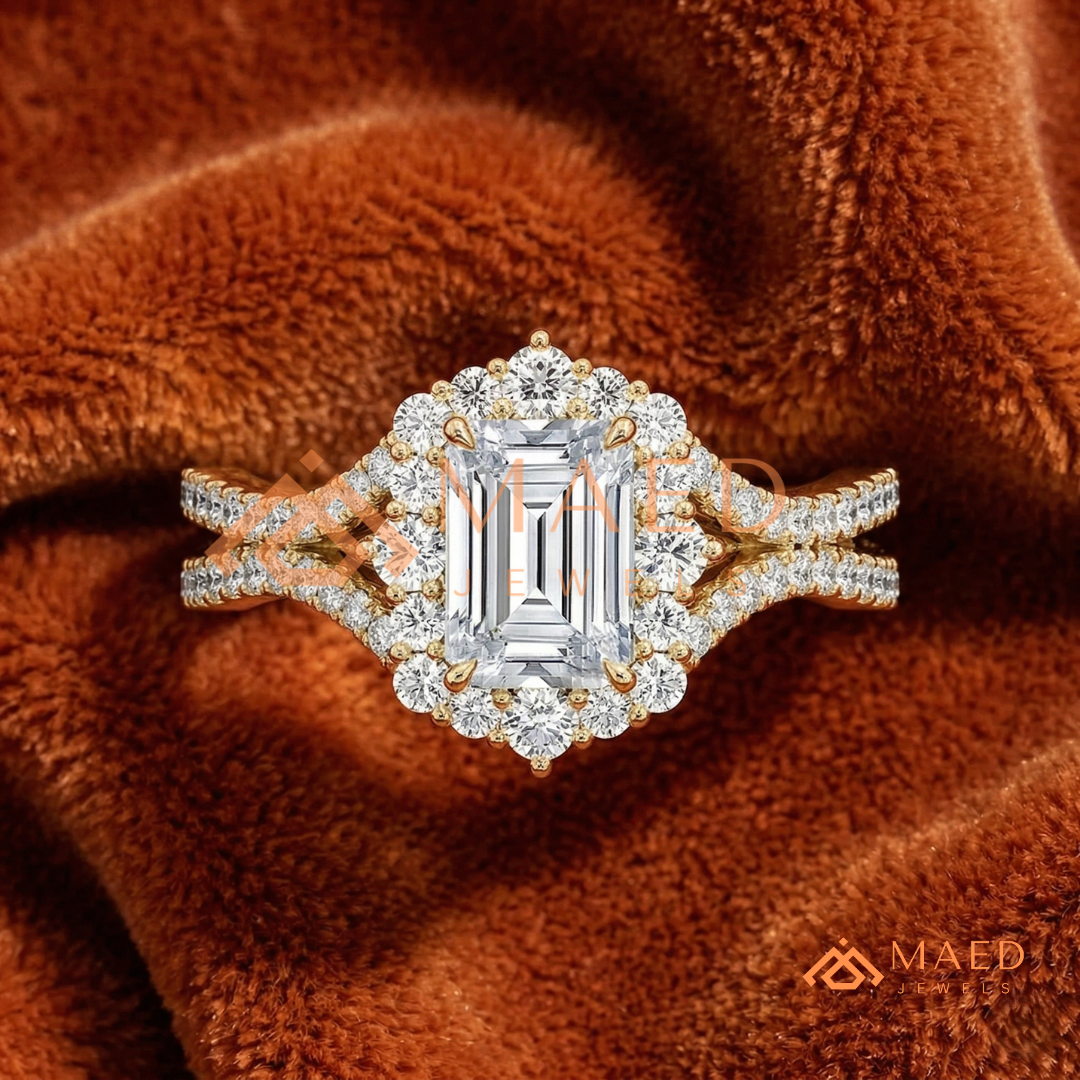 Emerald Cut Starburst Halo Engagement Ring | Split Shank Band in 14k Gold, Rose Gold & Silver