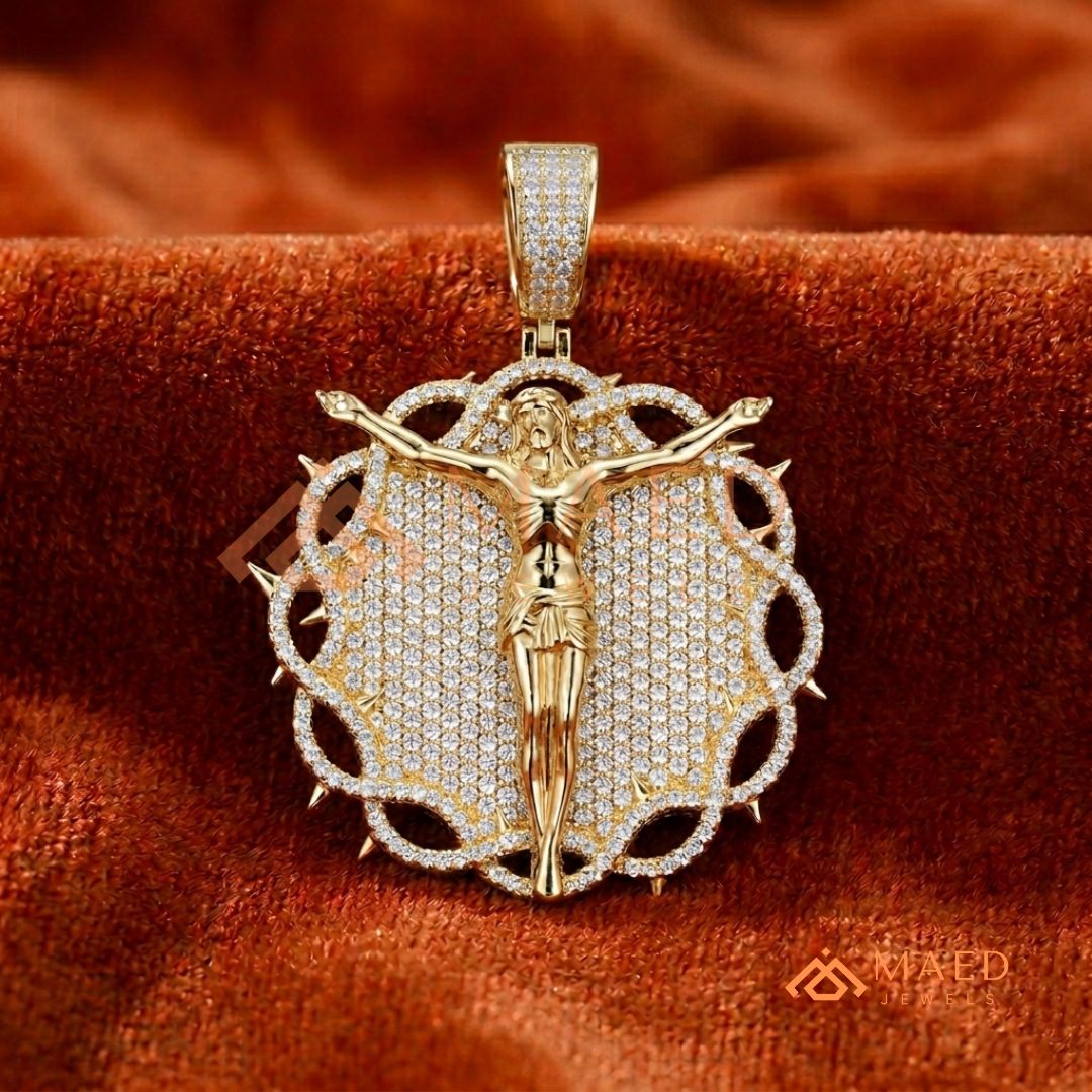 Iced Out Crown of Thorns Jesus Piece Pendant - Available in Silver, 14K Gold & 14K Rose Gold