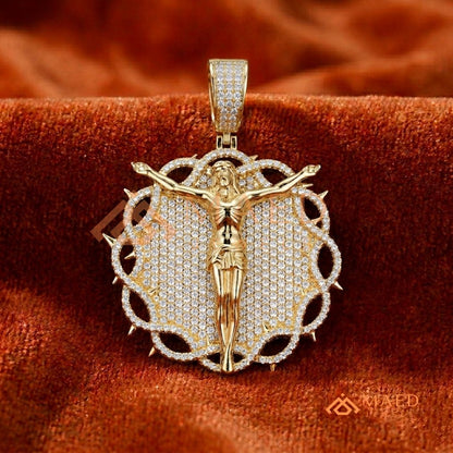 Iced Out Crown of Thorns Jesus Piece Pendant - Available in Silver, 14K Gold & 14K Rose Gold