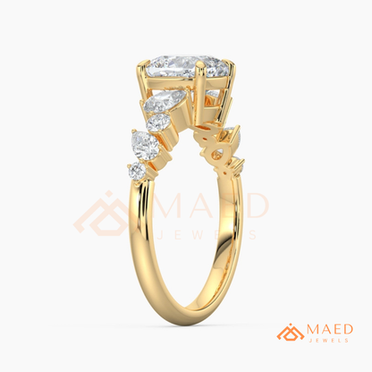Cushion Cut Engagement Ring with Pear Accent Band in Silver, 14K Gold, & 14K Rose Gold