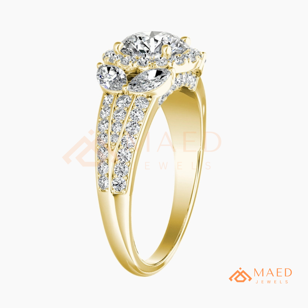 Radiant Halo Engagement Ring with Marquise Side Stones & Pavé Band