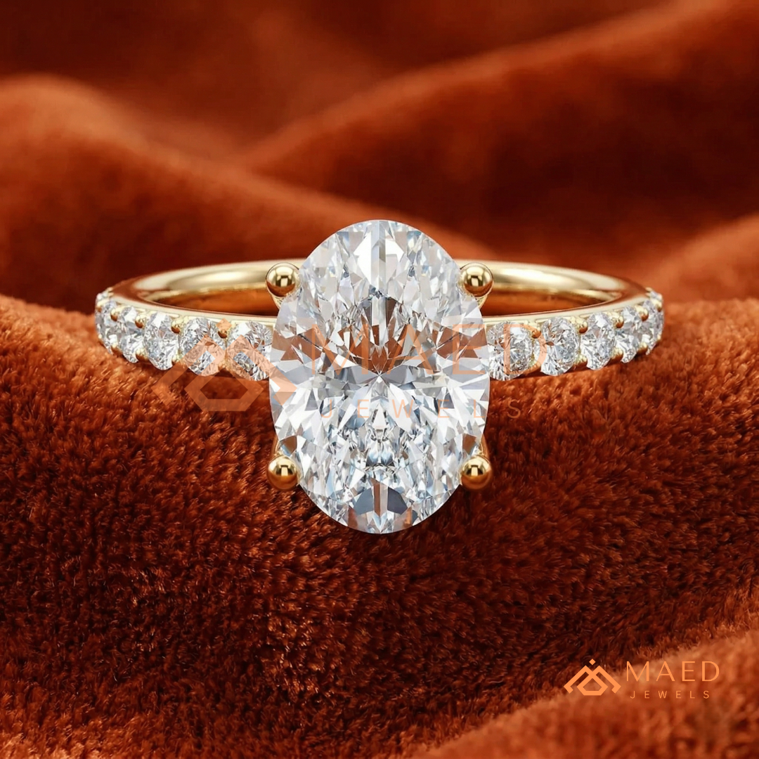 Oval Cut Engagement Ring with Pavé Band | Classic 4-Prong Promise Ring for Women | 14K Gold, Rose Gold & Sterling Silver