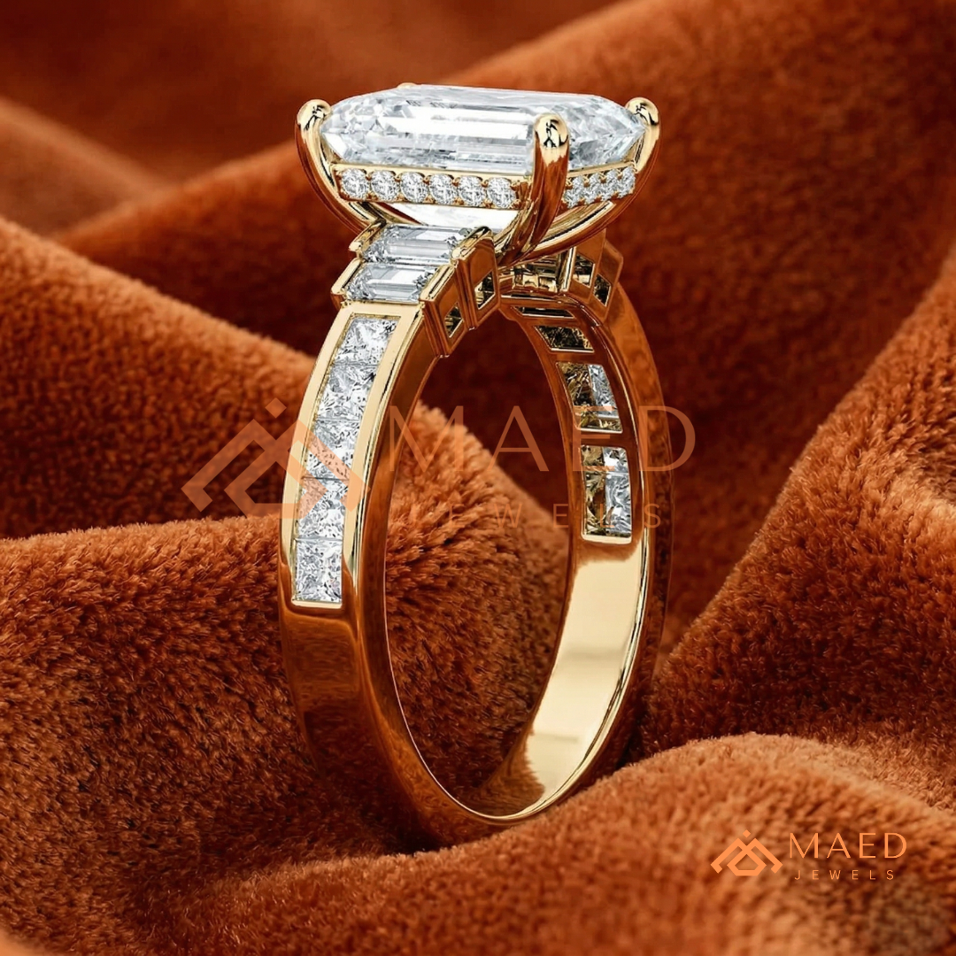 Emerald Cut Three-Stone Ring with Baguette and Channel Princess Band in Silver, 14K Gold, & 14K Rose Gold