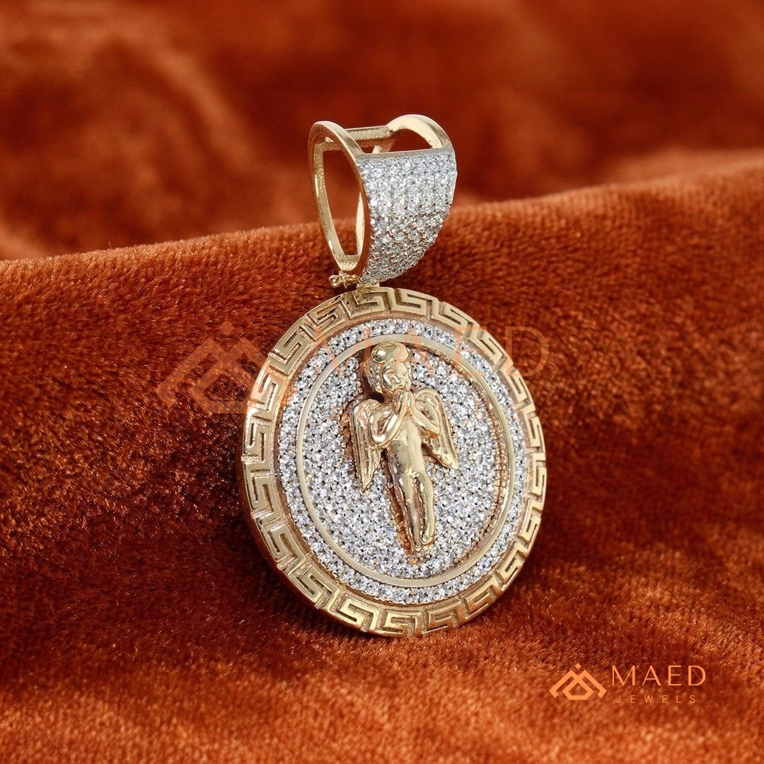 925 Sterling Silver Micro Pave Angel Medallion Pendant with Greek Key Border