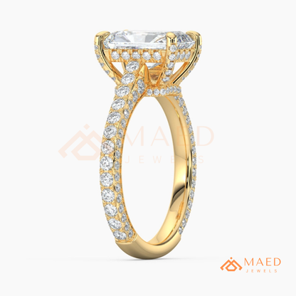 Radiant Cut Engagement Ring with Three-Row Pavé Band | 14k Gold, Rose Gold & Silver