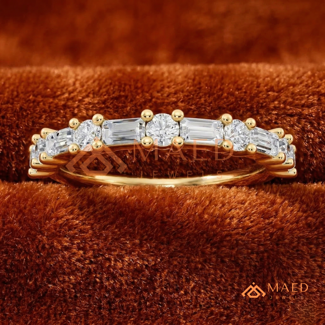 Alternating Baguette & Round Cut Diamond Wedding Band | Shared Prong Multi-Stone Anniversary Ring in Silver, 14K Gold, & Rose Gold