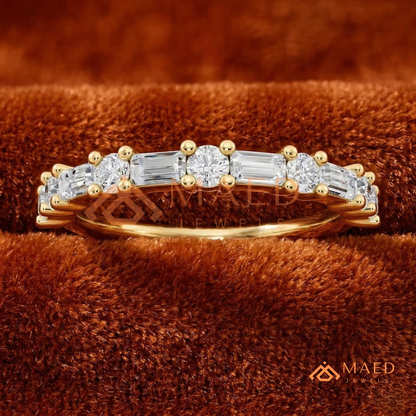 Alternating Baguette & Round Cut Diamond Wedding Band | Shared Prong Multi-Stone Anniversary Ring in Silver, 14K Gold, & Rose Gold