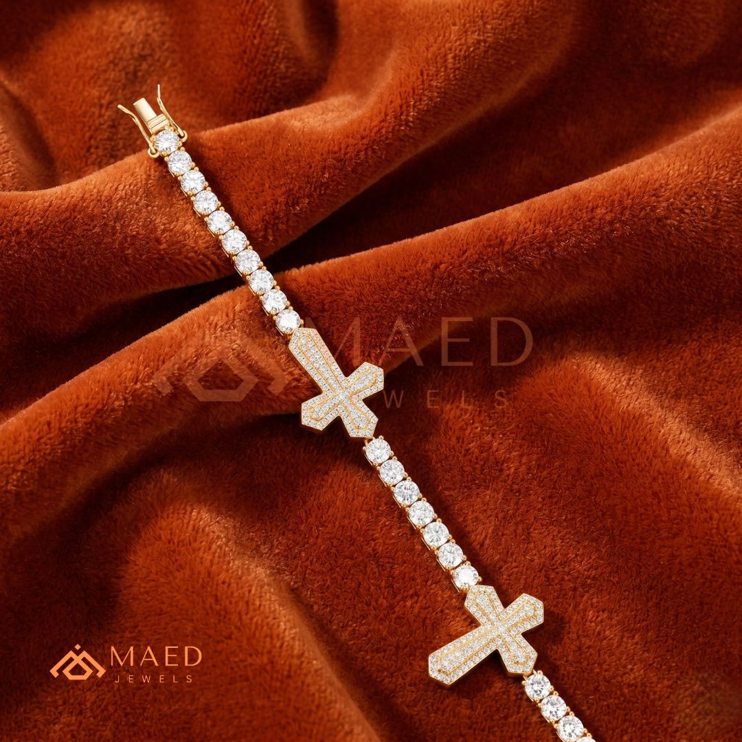 Multi-Cross Iced Tennis Bracelet – Sterling Silver, Gold & Rose Gold