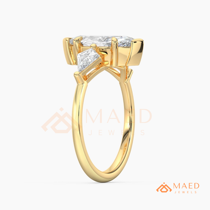 Marquise Cut Three Stone Ring with Kite Side Diamonds | 14k Gold, Rose Gold & Silver