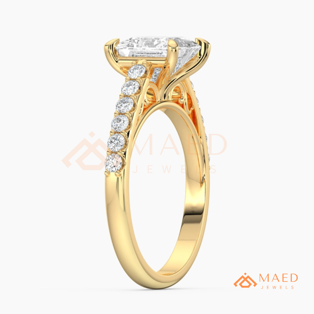 Princess Cut Engagement Ring with Pavé Band | 14k Gold, Rose Gold & Silver