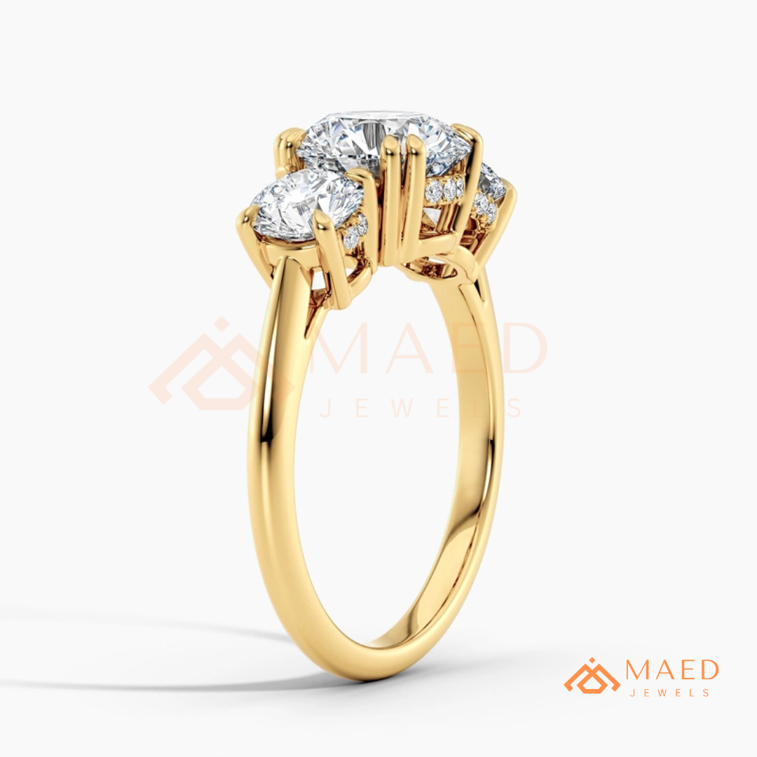 Three-Stone Round Cut Engagement Ring | Classic Trilogy Setting in 14K Gold, Rose Gold & Silver