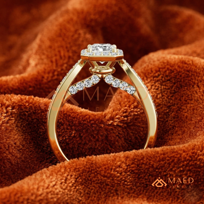 Radiant Cut Rectangular Halo Engagement Ring with Twisted Pavé Band