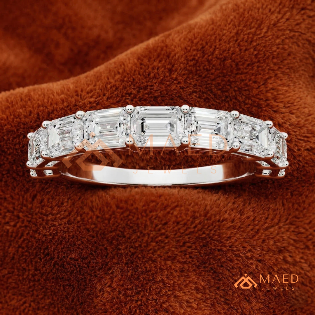 7-Stone Emerald Cut Diamond Wedding Band in Silver, 14K Yellow & Rose Gold