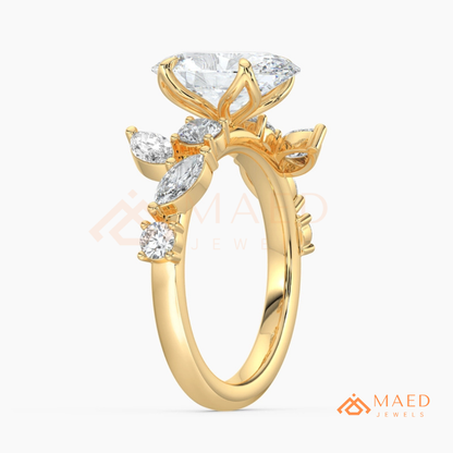 Asymmetric Oval Cut Cluster Engagement Ring | Marquise Leaf Vine Band